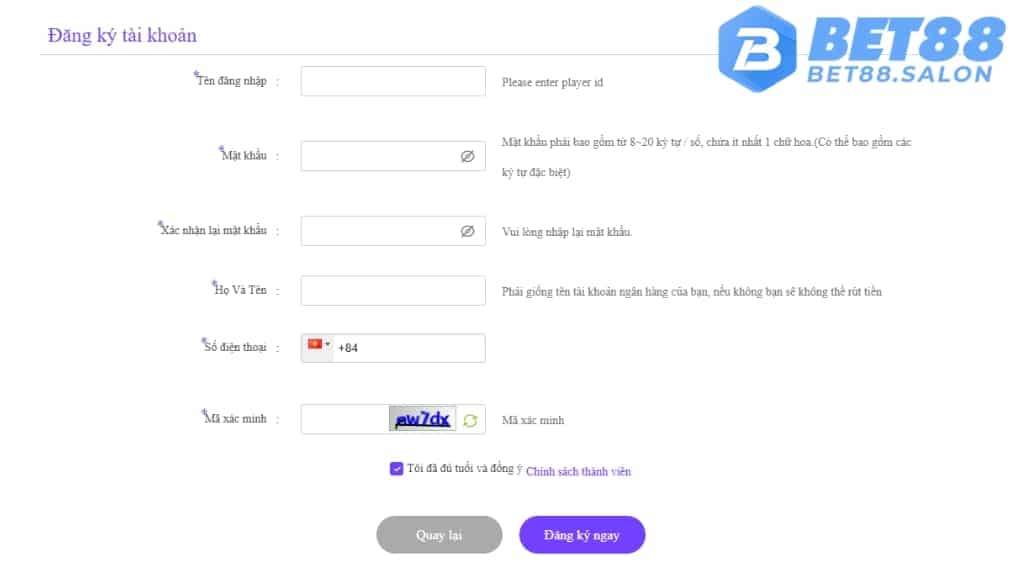 Đăng ký Bet88 dễ dàng